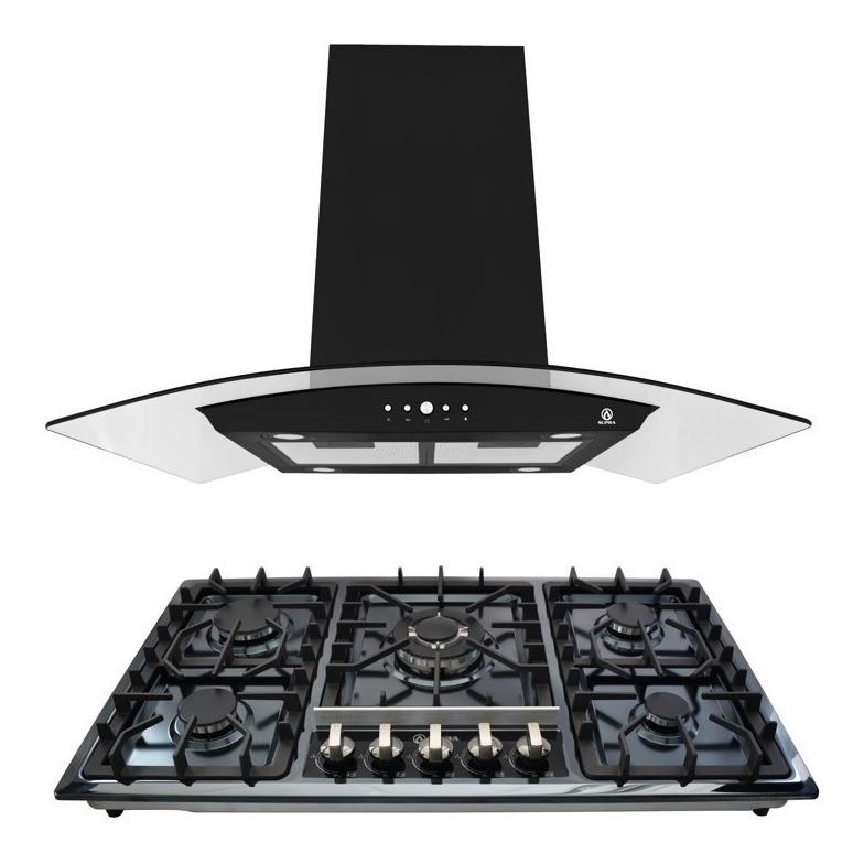 Combo Parrilla De Acero Inox Negro Y Campana De Isla 90 Cm