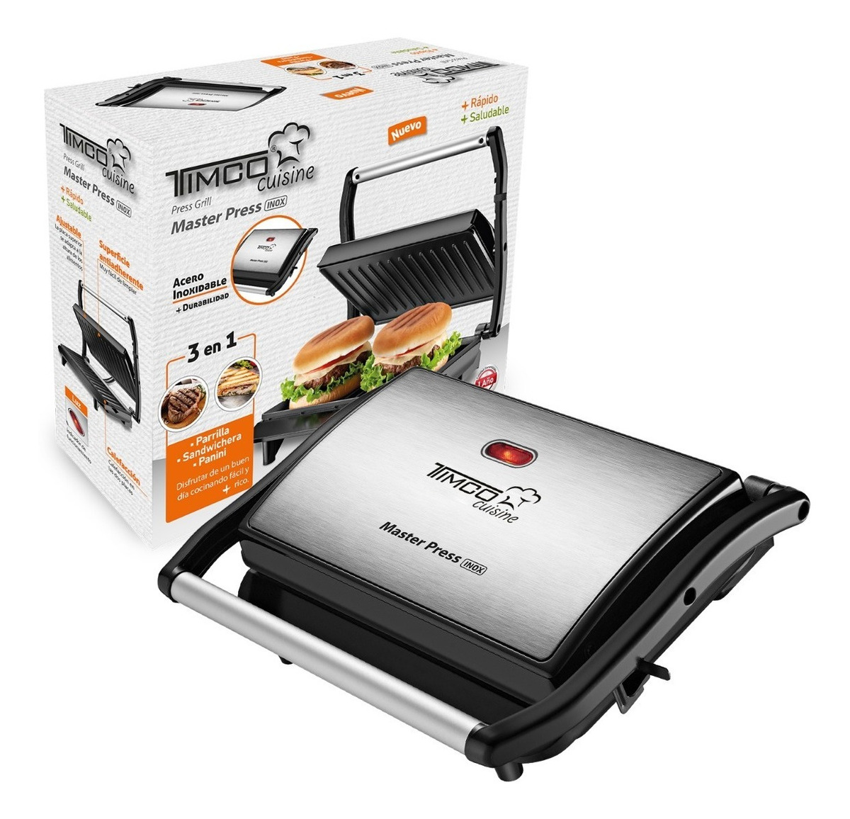 Parrilla Panini Sandwichera Doble Placa Antiadhente Timco