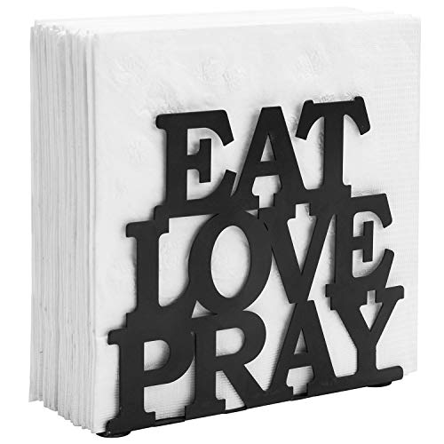 Parrilla Mygift- Servilletero Moderno Hecho En Metal Negro Con Mensaje Eat, Love, Pray