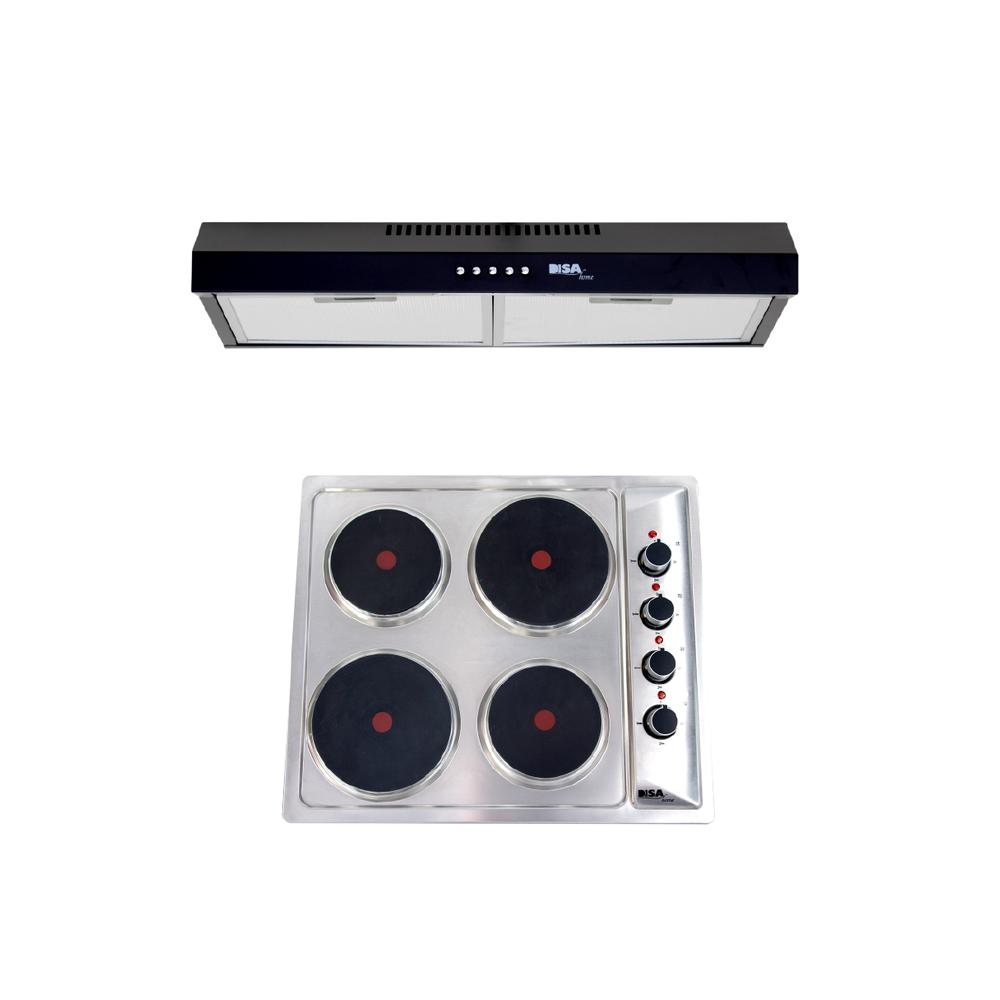 Combo Disa Home Parrilla Eléctrica 4 Quemadores y Campana de Pared Acero Inoxidable