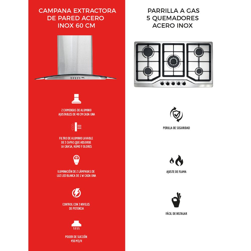 Foto 3 | Combo Disa Home Parrilla de Gas 5 Quemadores y Campana de Pared Acero Inoxidable 60 C