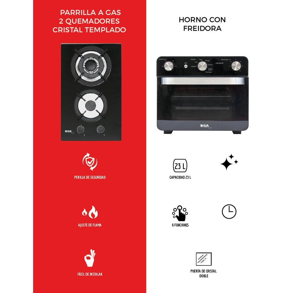 Foto 4 pulgar | Combo Disa Home Parrilla a Gas 2 Quemadores Cristal Templado y Horno con Freidora 23 L