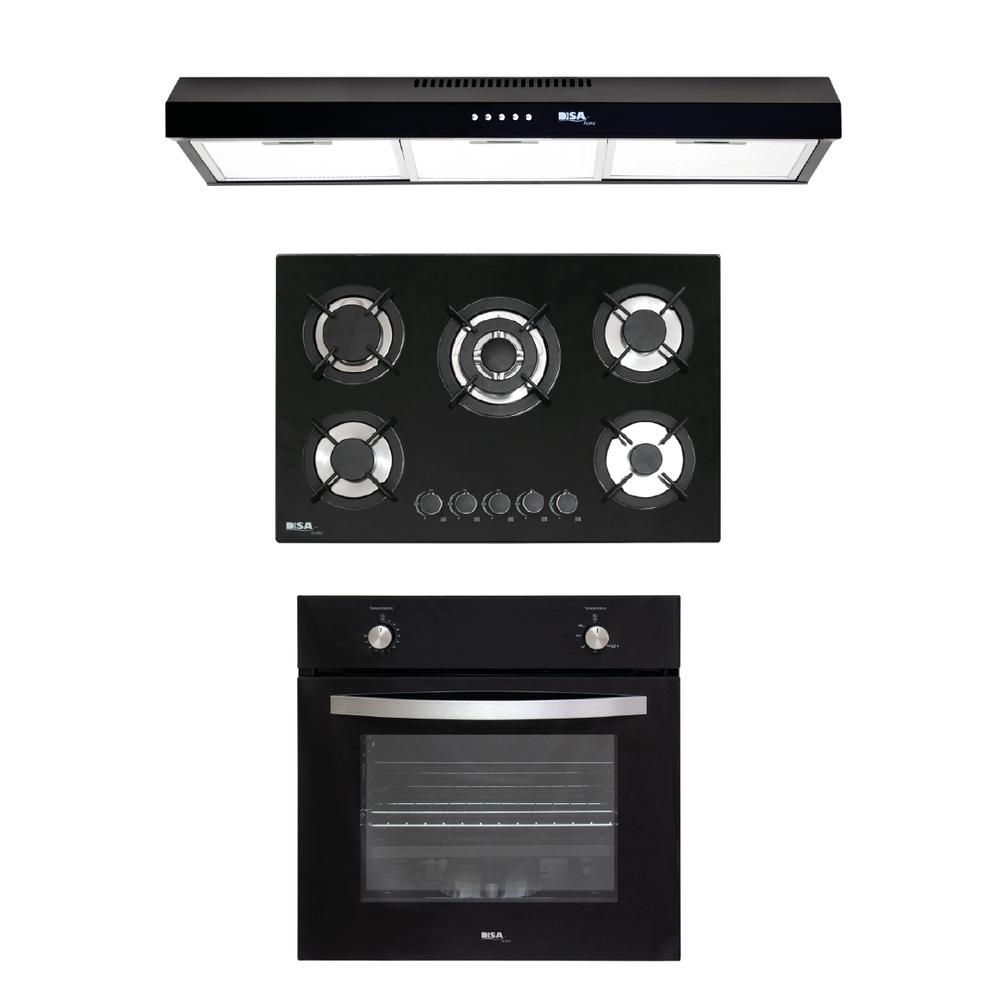 Combo Disa Home Parrilla a Gas 5 Quemadores Cristal Templado y Campana de Pared color Negro