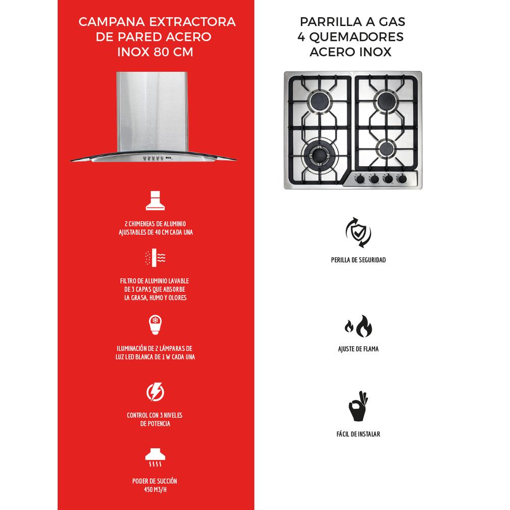 Foto 4 pulgar | Combo Disa Home Parrilla de Gas 4 Quemadores y Campana Extractora de Pared Acero Inoxidable 60 C