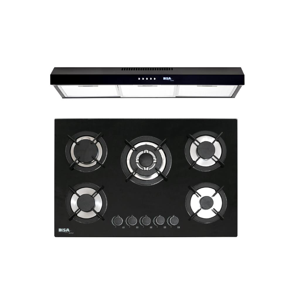 Combo Disa Home Parrilla de Gas 5 Quemadores Cristal Templado y Campana de Pared color Negro