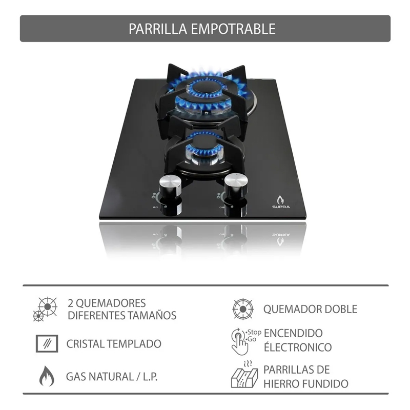 Foto 5 pulgar | Parrilla a Gas Empotrable Supra de 2 Quemadores en Cristal Negro