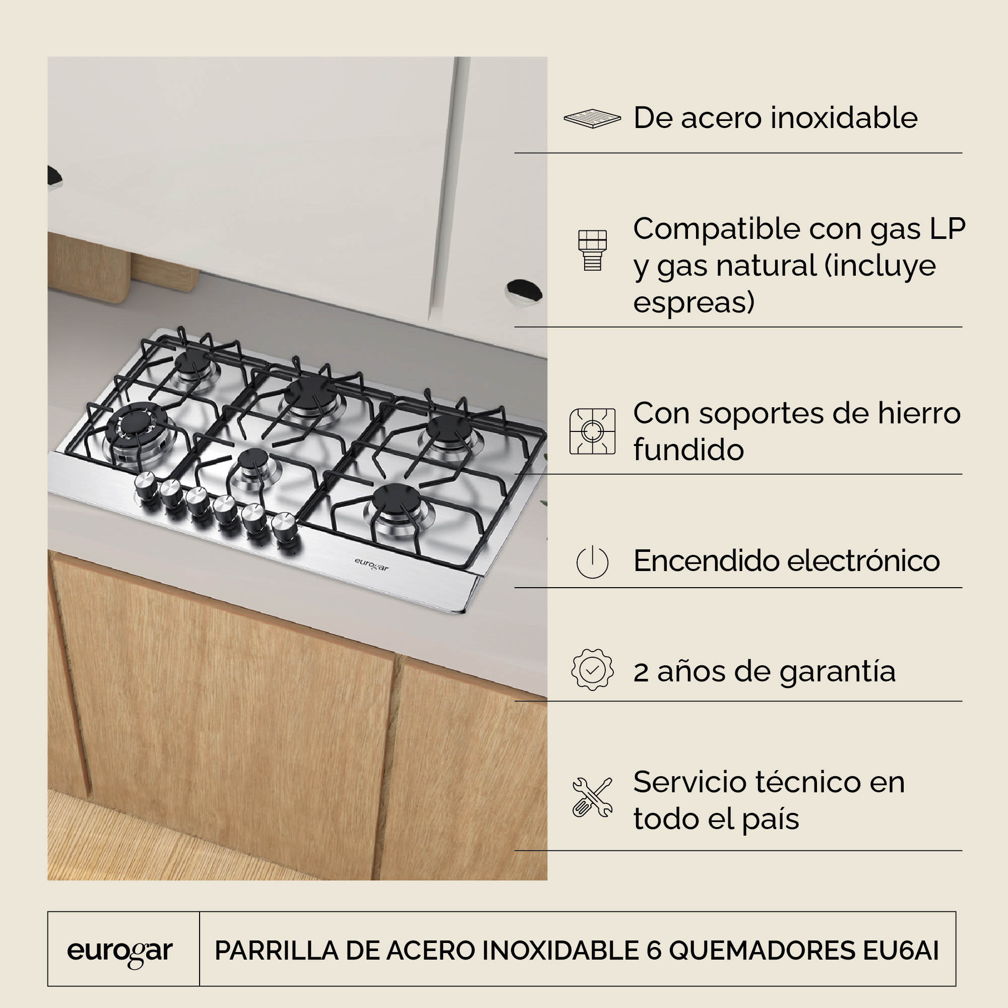 Foto 2 | Parrilla De Gas 6 Quemadores Acero Inoxidable Eu6ai Eurogar