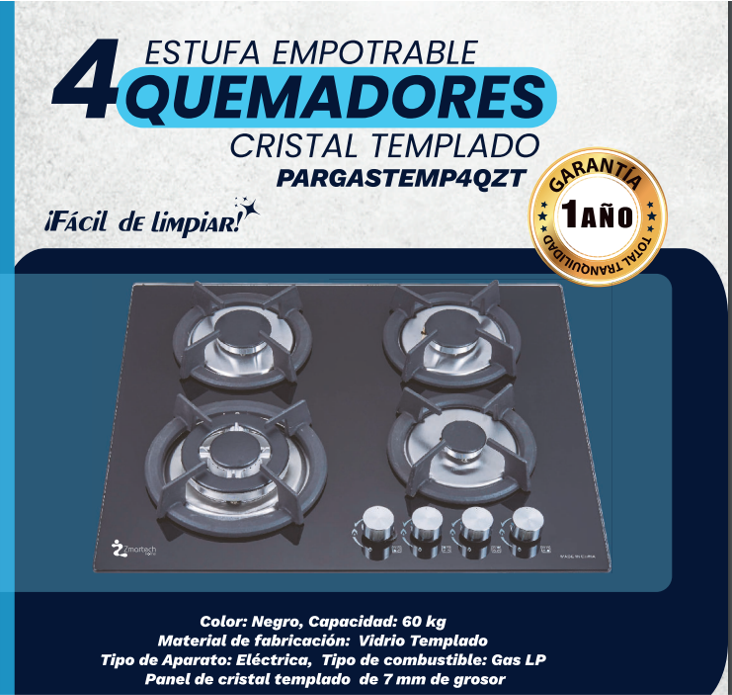 Foto 3 pulgar | Parrilla Empotrable Zmartech 4 Quemadores Cristal Templado