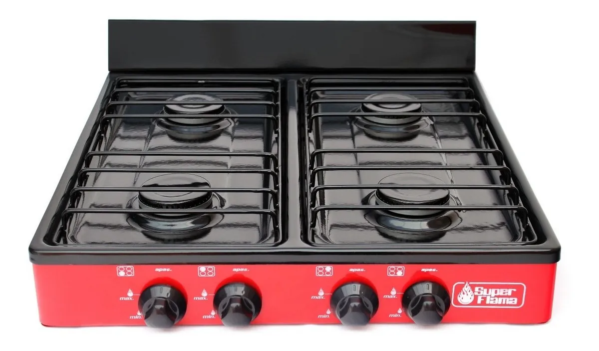 Parrilla 4 Quemadores de Gas Superflama Cubierta de Acero Inoxidable Roja