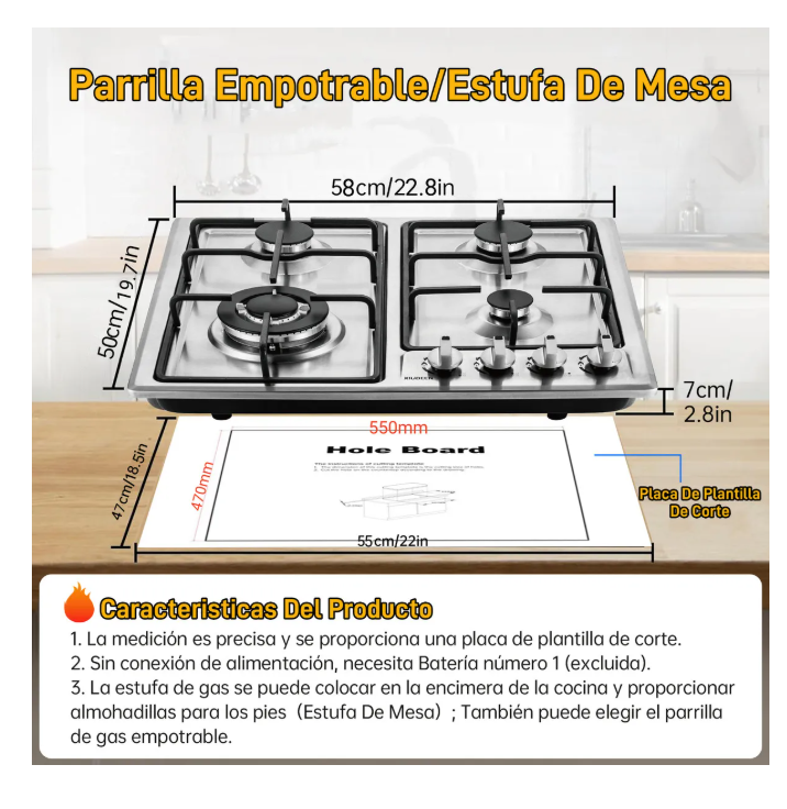 Foto 3 pulgar | Parrilla de Gas Empotrable de Mesa 4 Quemadores de Acero Inoxidable