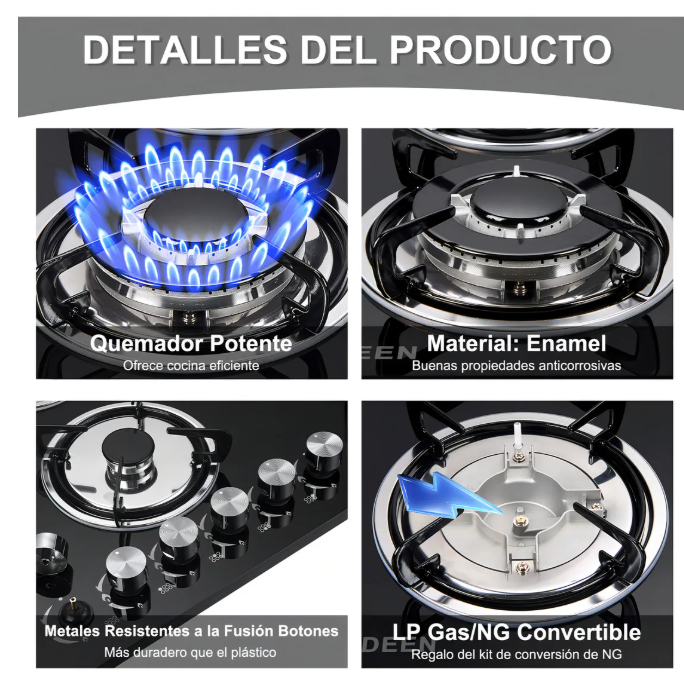 Foto 4 | Parrilla de Gas Empotrable 6 Quemadores Cristal Templado Negro