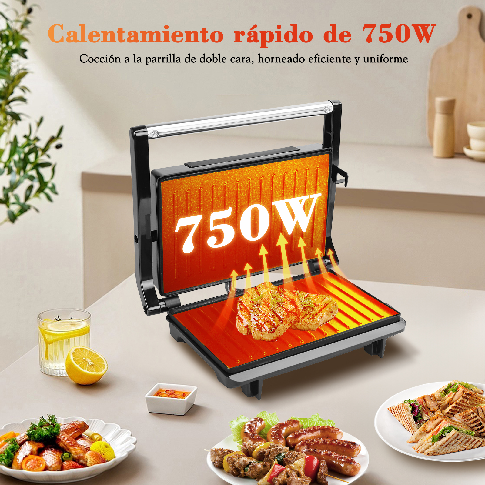 Foto 3 pulgar | Sandwichera Eléctrica Panini Parrilla Antiadherente 750 W