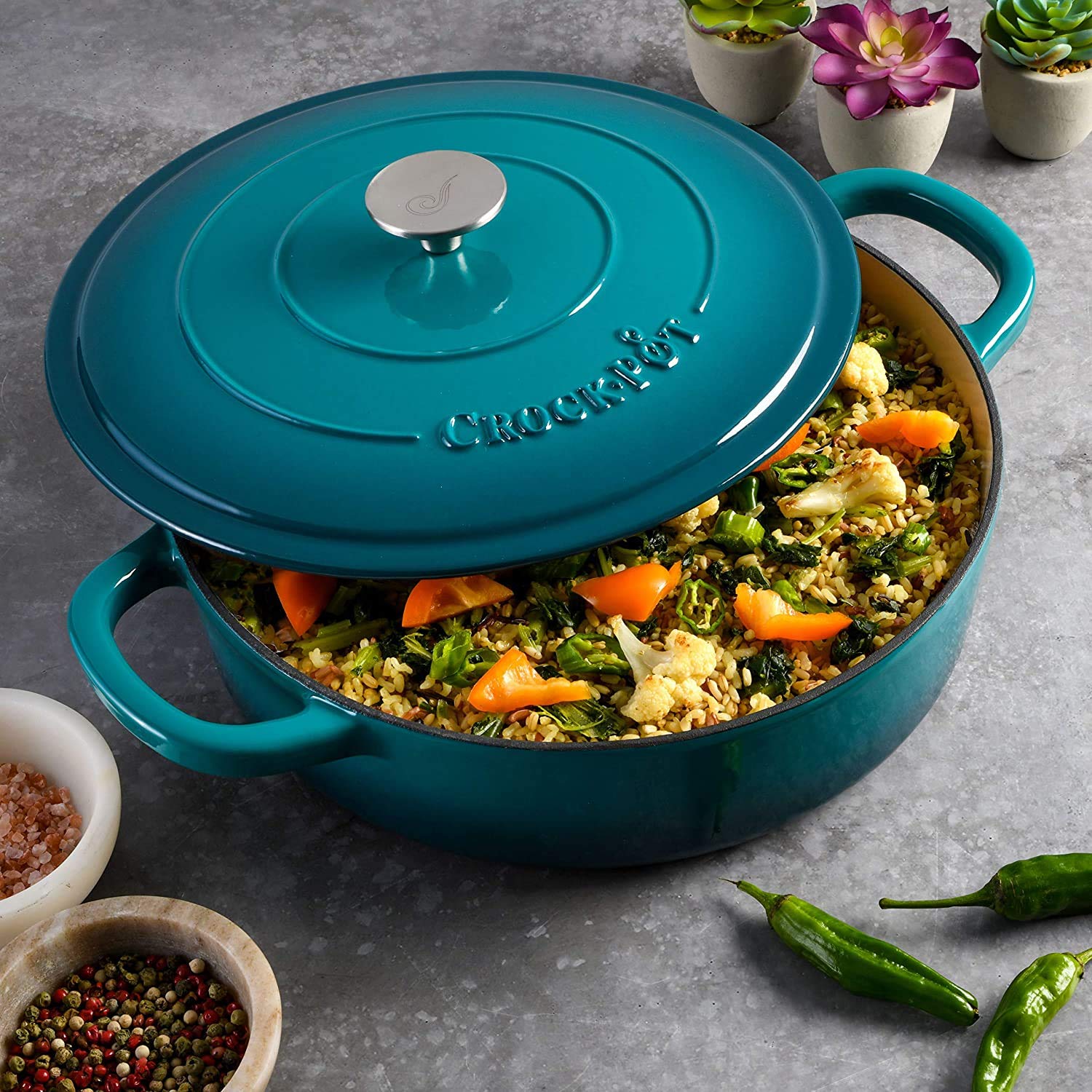 Foto 7 | Olla Braiser Crock-pot De Hierro Fundido Esmaltado Artesanal, 5 Litros, Verde Azulado - Venta Internacional.