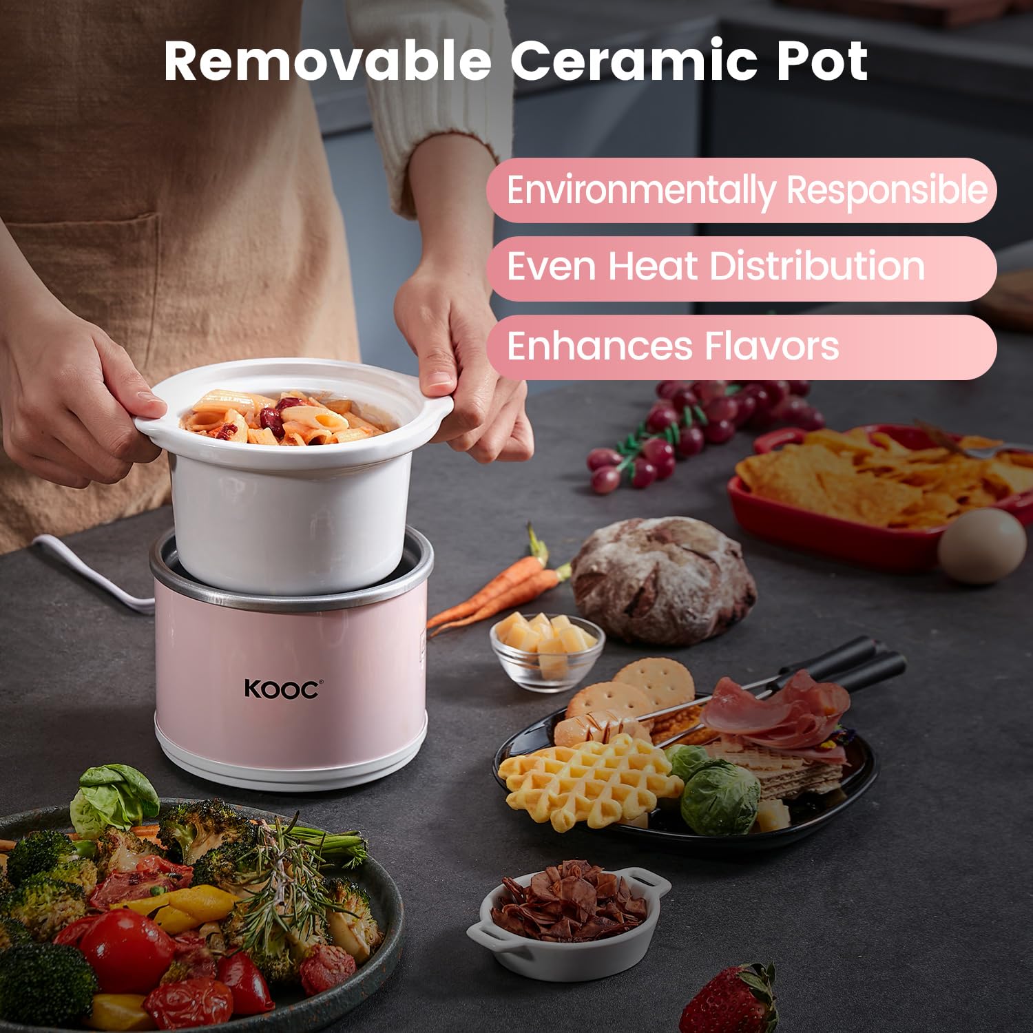 Foto 5 pulgar | Olla Pequeña De Cerámica Kooc Slow Cooker De Acero Inoxidable De 0,65 L, Color Rosa - Venta Internacional.