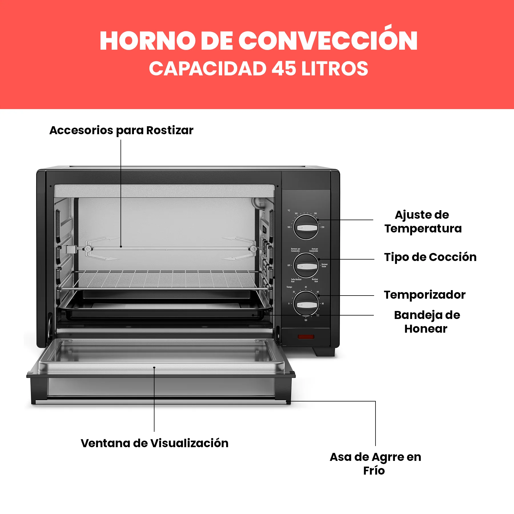 Foto 3 | Horno Tostador Chefman de Convección XXL 45l 5 en 1 Negro