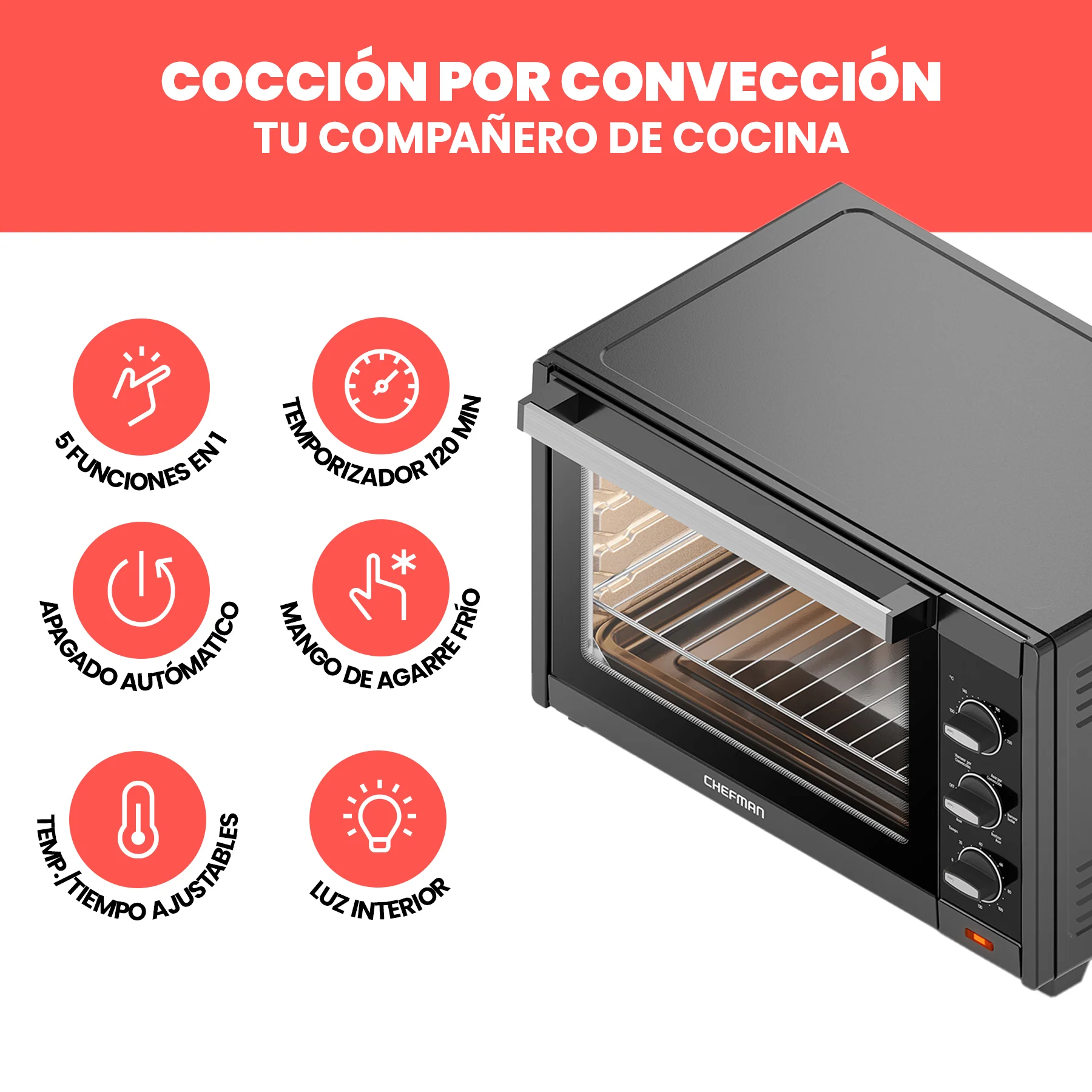 Foto 4 | Horno Tostador Chefman de Convección XXL 45l 5 en 1 Negro