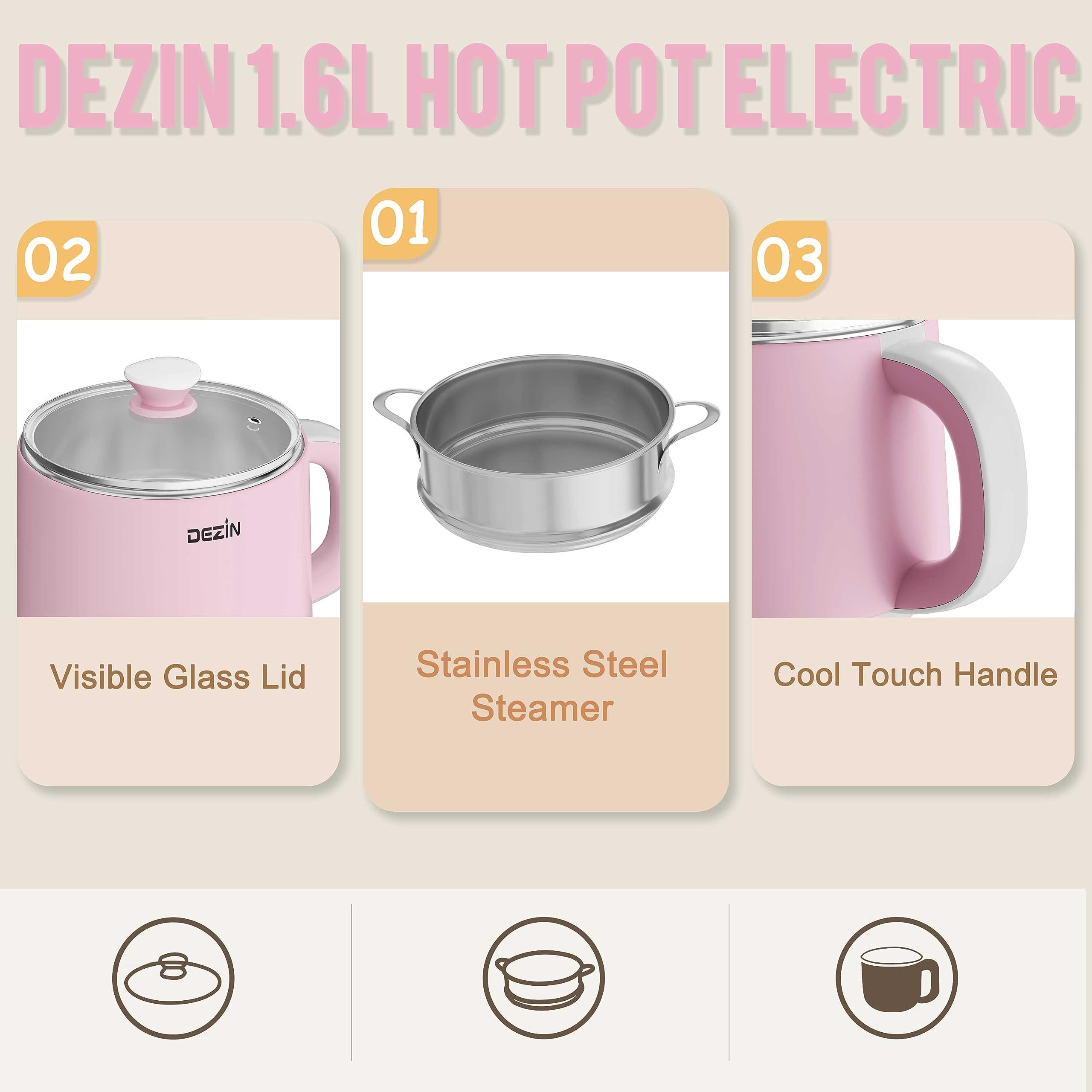 Foto 3 pulgar | Olla Eléctrica Dezin De 1,6 L Con Vaporizador De Acero Inoxidable - Venta Internacional.
