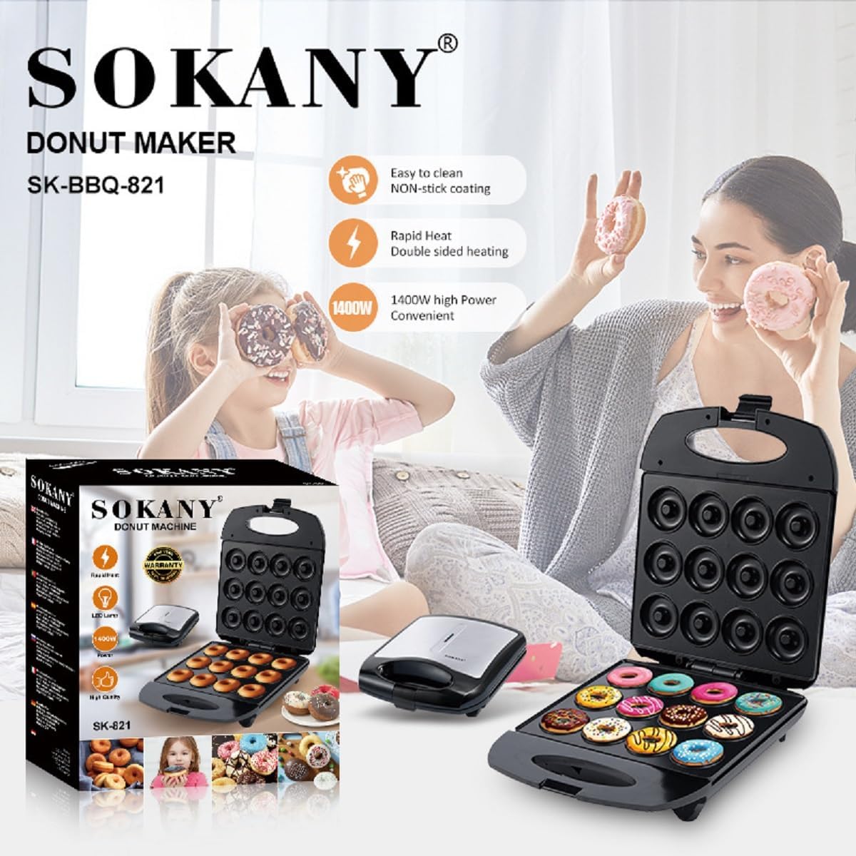 Foto 4 pulgar | Máquina Para Hacer Donas Sokany, 1200 W, Sokany Sk-821 Antiadherente, Horneado Por Ambos Lados Para 12 Donas