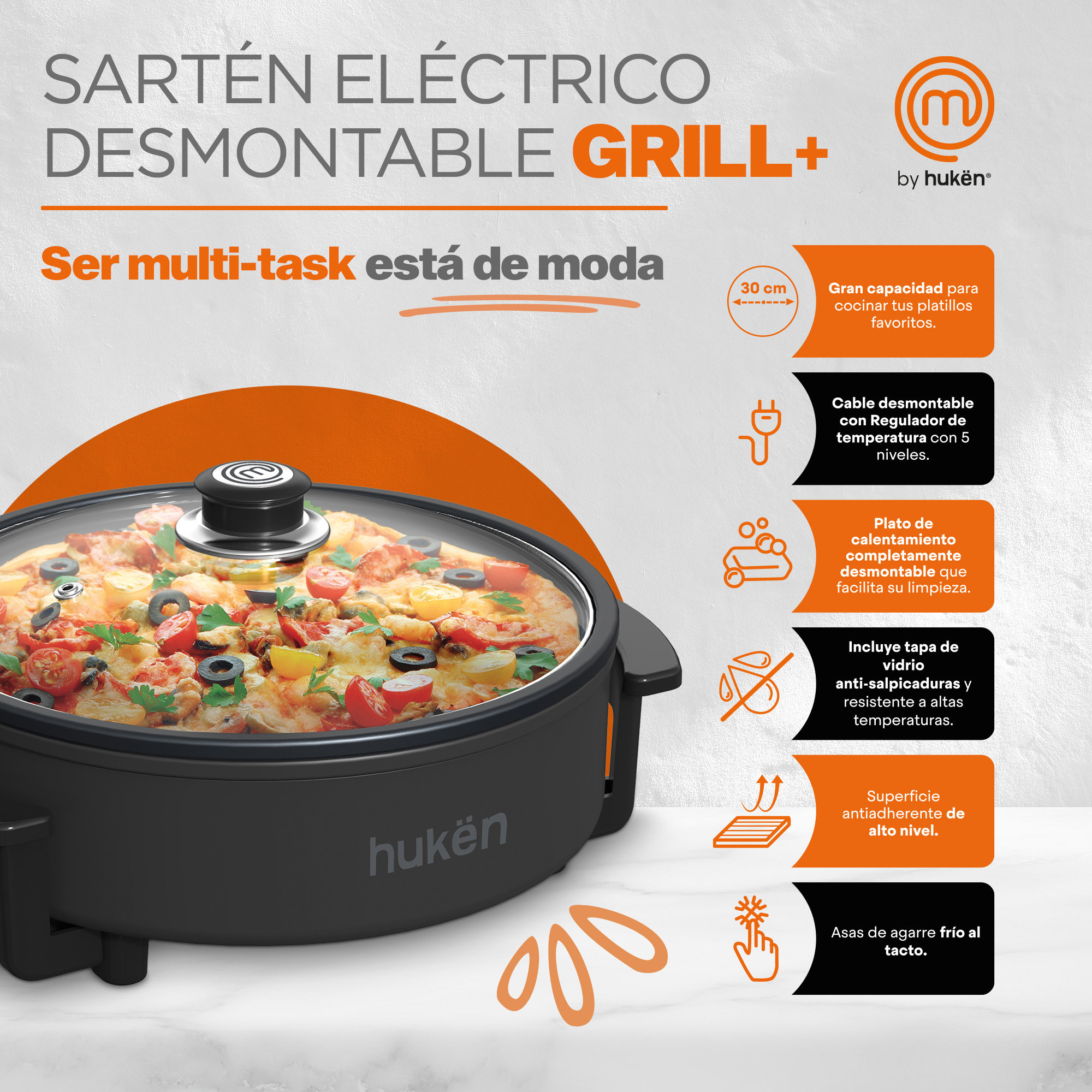 Foto 3 | Sartén Eléctrico Desmontable Masterchef By Hukën 2.5l Negro