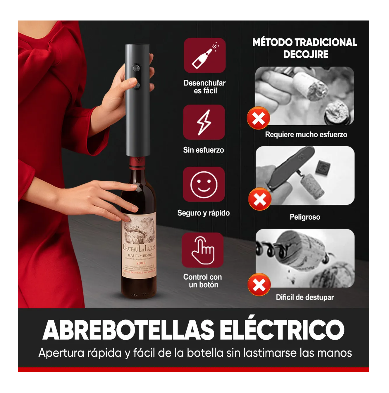 Foto 3 pulgar | Sacacorchos De Vino Eléctrico 4 En 1 Con Base Kit Sacacorcho Negro