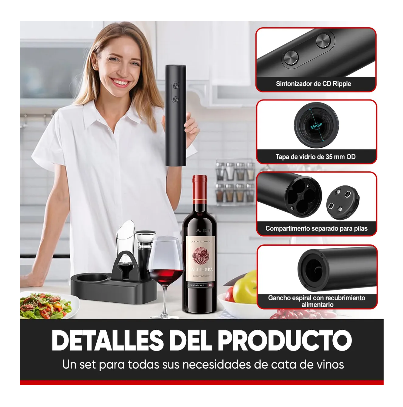 Foto 3 | Sacacorchos De Vino Eléctrico 4 En 1 Con Base Kit Sacacorcho Negro