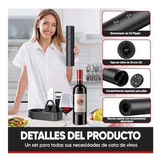 Foto 3 | Sacacorchos De Vino Eléctrico 4 En 1 Con Base Kit Sacacorcho Negro