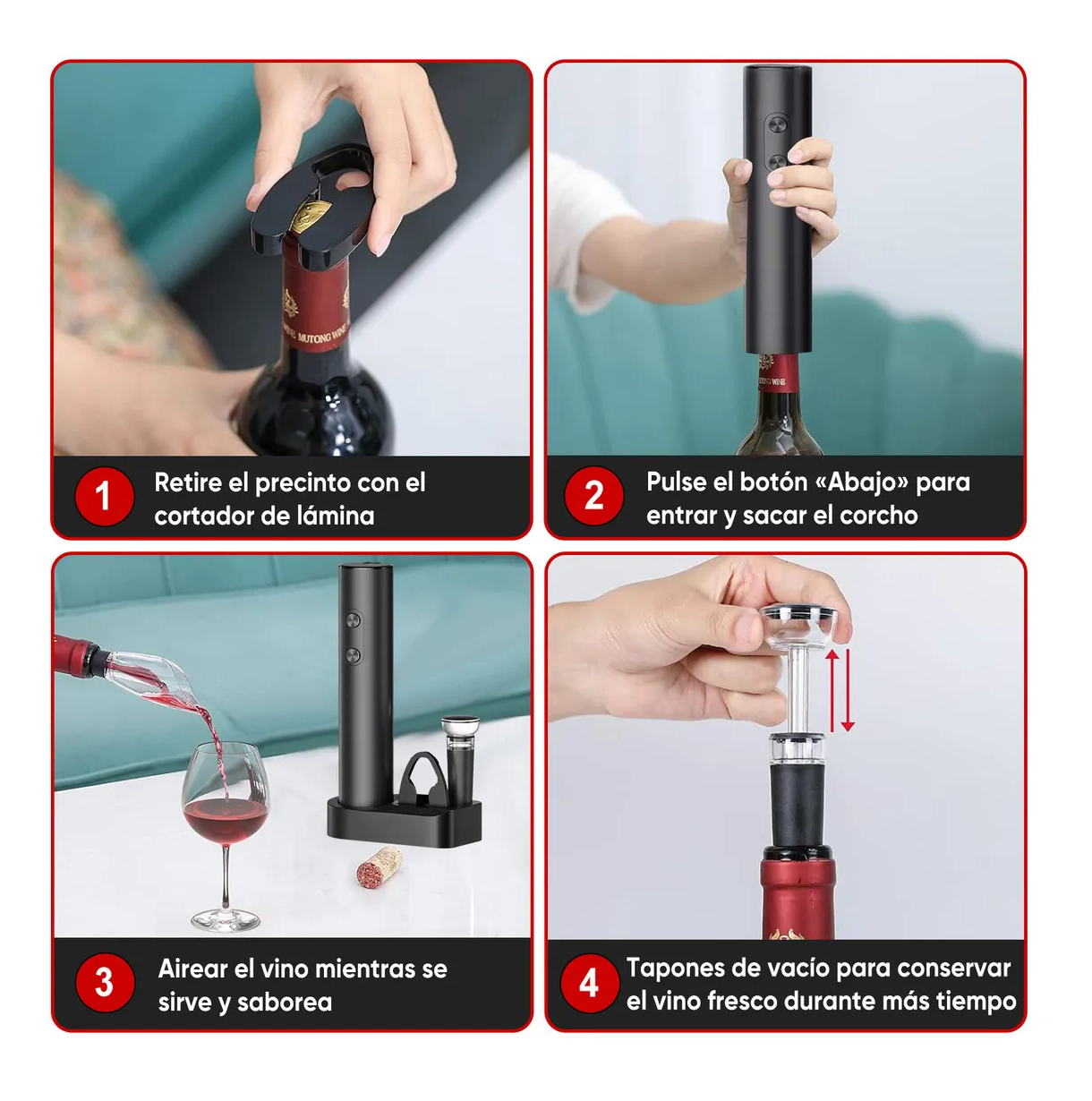 Foto 4 | Sacacorchos De Vino Eléctrico 4 En 1 Con Base Kit Sacacorcho Negro