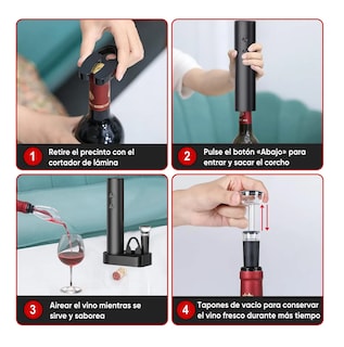 Foto 4 | Sacacorchos De Vino Eléctrico 4 En 1 Con Base Kit Sacacorcho Negro