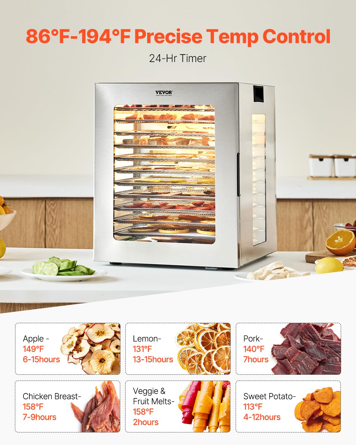 Foto 6 pulgar | Deshidratador De Alimentos Vevor, 12 Bandejas De Acero Inoxidable, 850 W, 24 Horas, Temporizador - Venta Internacional.