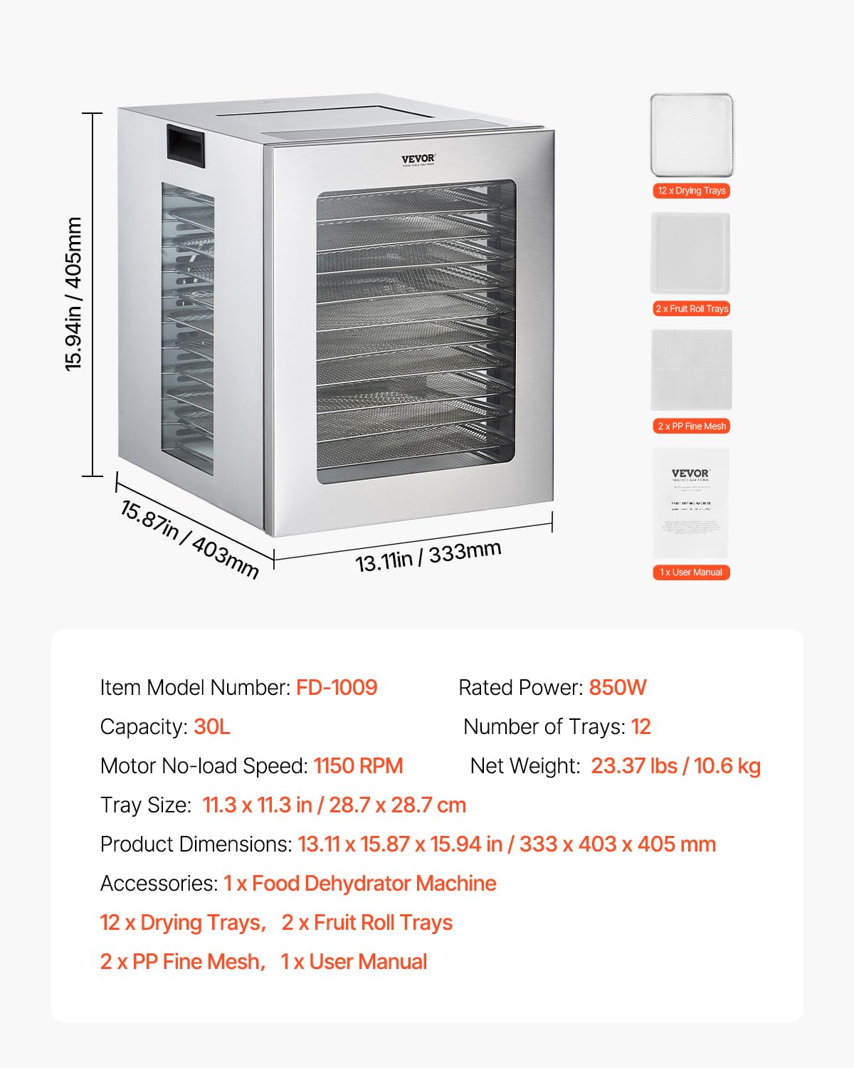Foto 7 | Deshidratador De Alimentos Vevor, 12 Bandejas De Acero Inoxidable, 850 W, 24 Horas, Temporizador - Venta Internacional.