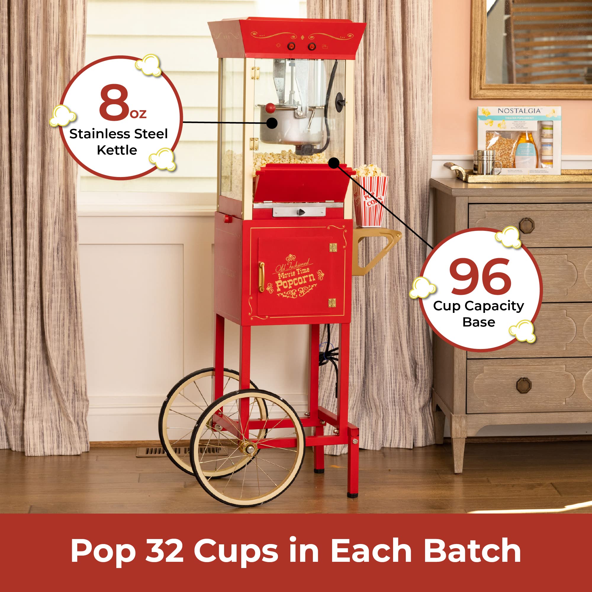 Foto 3 pulgar | Carrito Profesional Popcorn Maker Nostalgia, 240 Ml, 32 Tazas, Color Rojo - Venta Internacional.