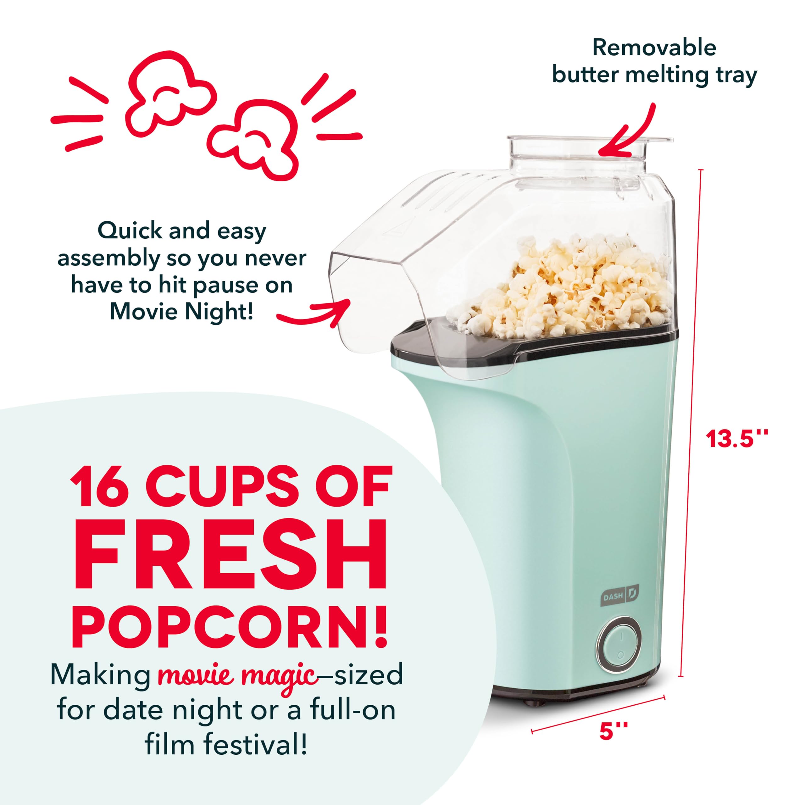 Foto 5 pulgar | Popcorn Popper Dash Hot Air, 16 Tazas Con Vaso Medidor, Color Aguamarina - Venta Internacional.