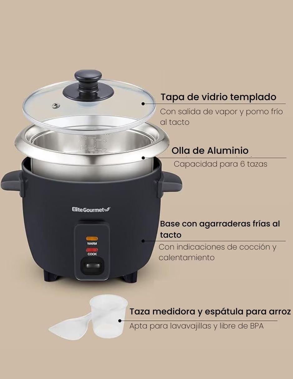 Foto 4 pulgar | Arrocera Eléctrica 6 Tazas Acero Inoxidable Elite Gourmet Color Negro Frecuencia 60