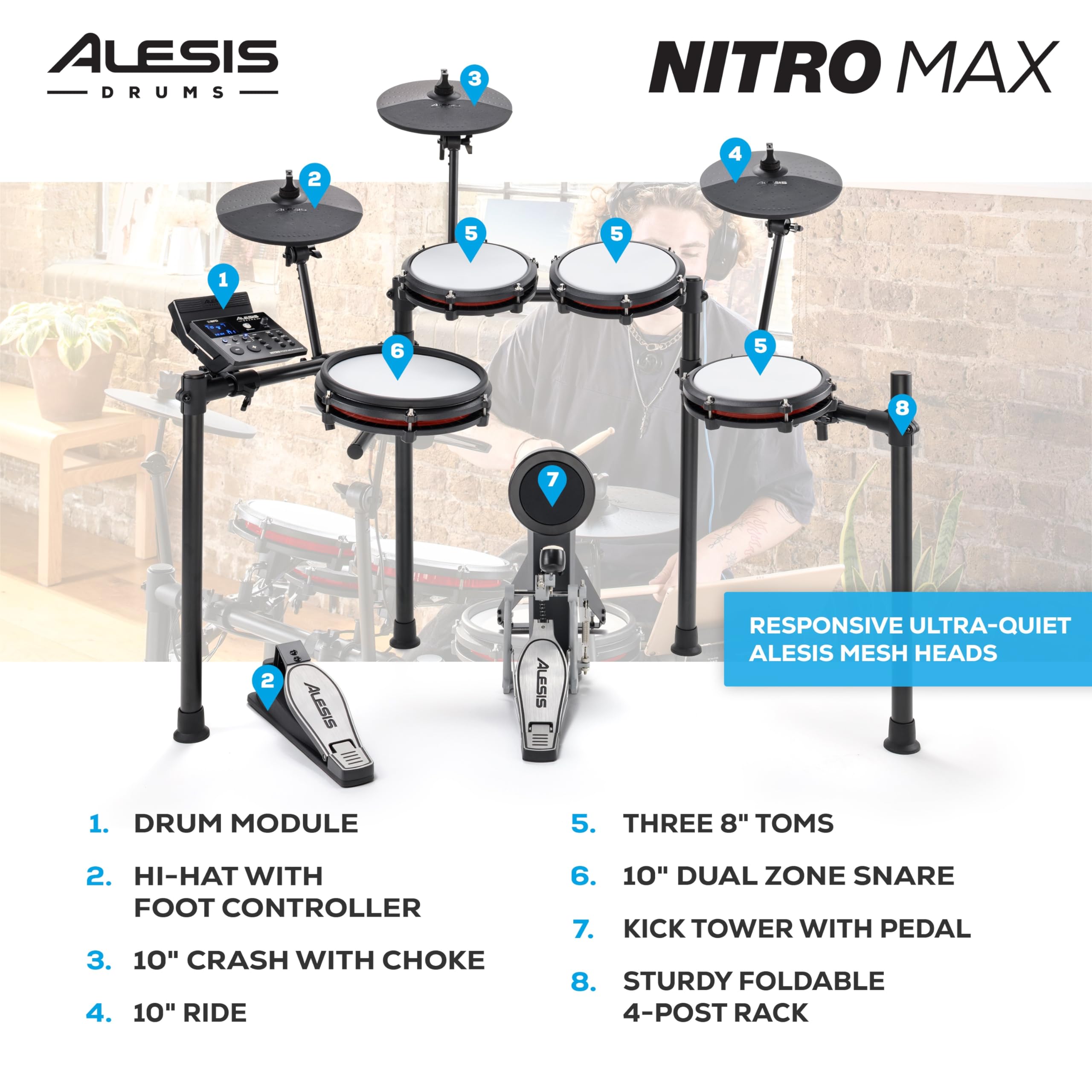 Foto 5 pulgar | Batería Eléctrica Alesis Nitro Max Kit Con Almohadillas De Malla Silenciosas - Venta Internacional.
