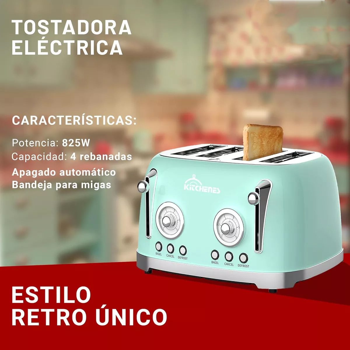 Foto 3 pulgar | Tostador Eléctrico Retro 4 Rebanadas 6 Niveles Bandeja Migas Color Verde Menta