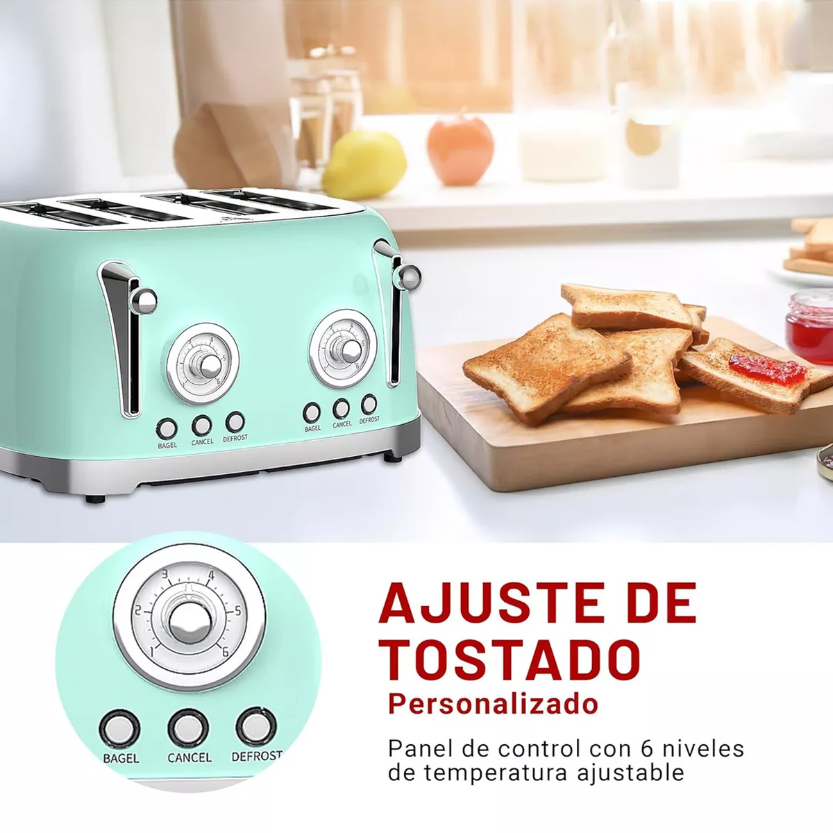 Foto 5 pulgar | Tostador Eléctrico Retro 4 Rebanadas 6 Niveles Bandeja Migas Color Verde Menta