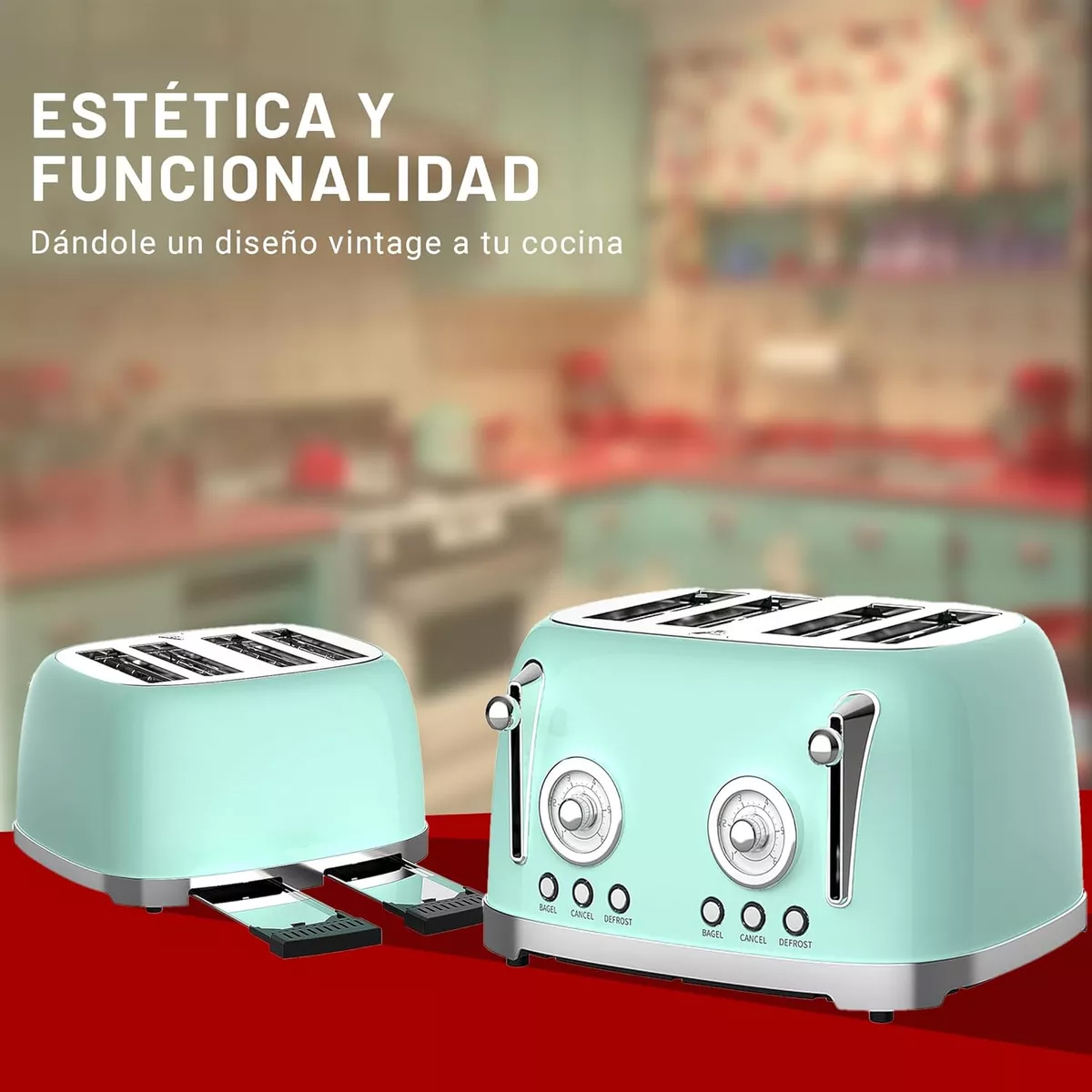 Foto 7 pulgar | Tostador Eléctrico Retro 4 Rebanadas 6 Niveles Bandeja Migas Color Verde Menta
