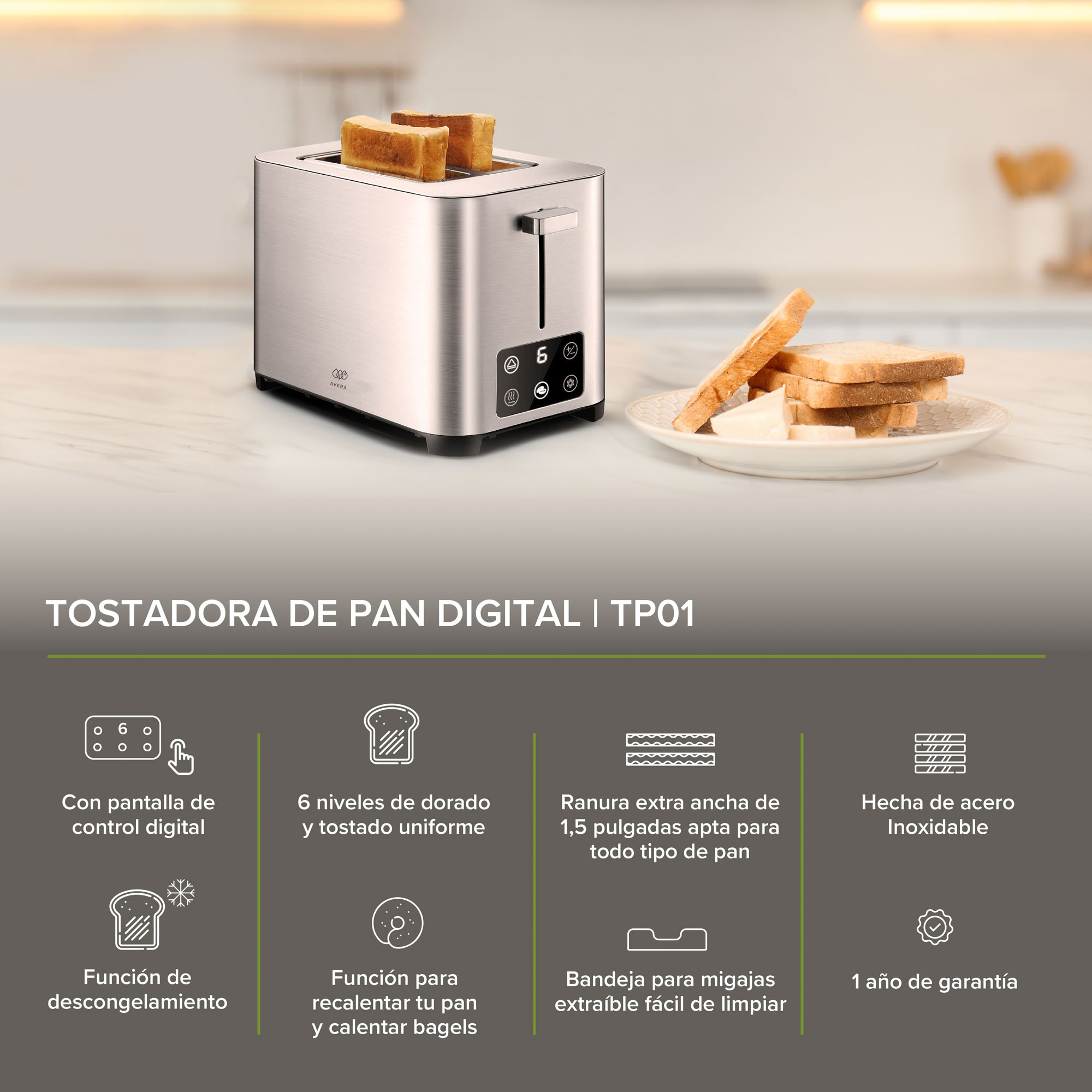 Foto 2 | Tostadora de Pan Avera TP01 color Plata con Panel Digital Ajustable