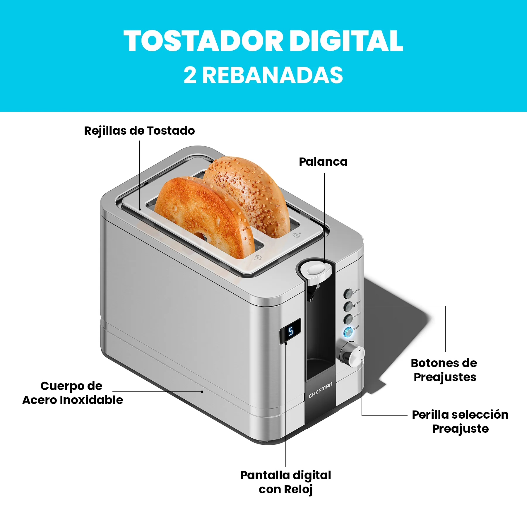 Foto 3 | Chefman - Tostador Digital De 2 Rebanadas