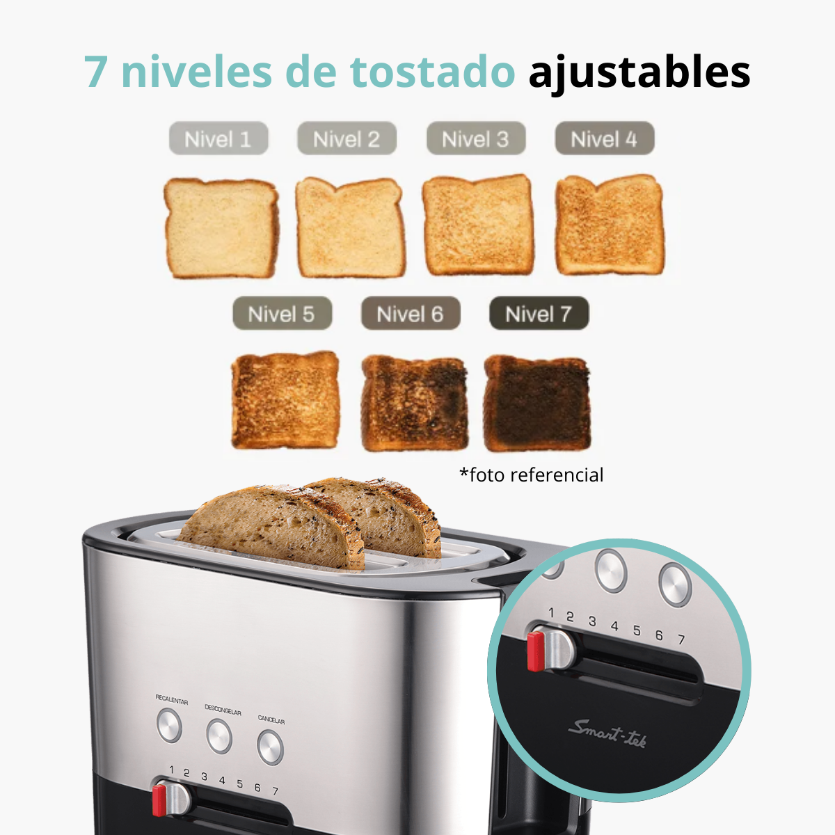 Foto 5 pulgar | Tostador 2 Rebanadas 1000w Con Función Descongelar Y Recalentar Acero Inoxidable Smart-Tek Sd2041