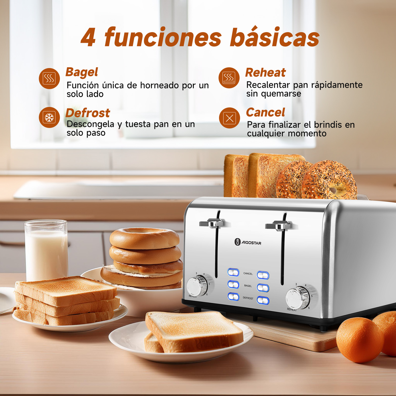 Foto 2 | Tostadora Acero Inoxidable 4 Rebanadas 1750w Plata Aigostar Color Gris