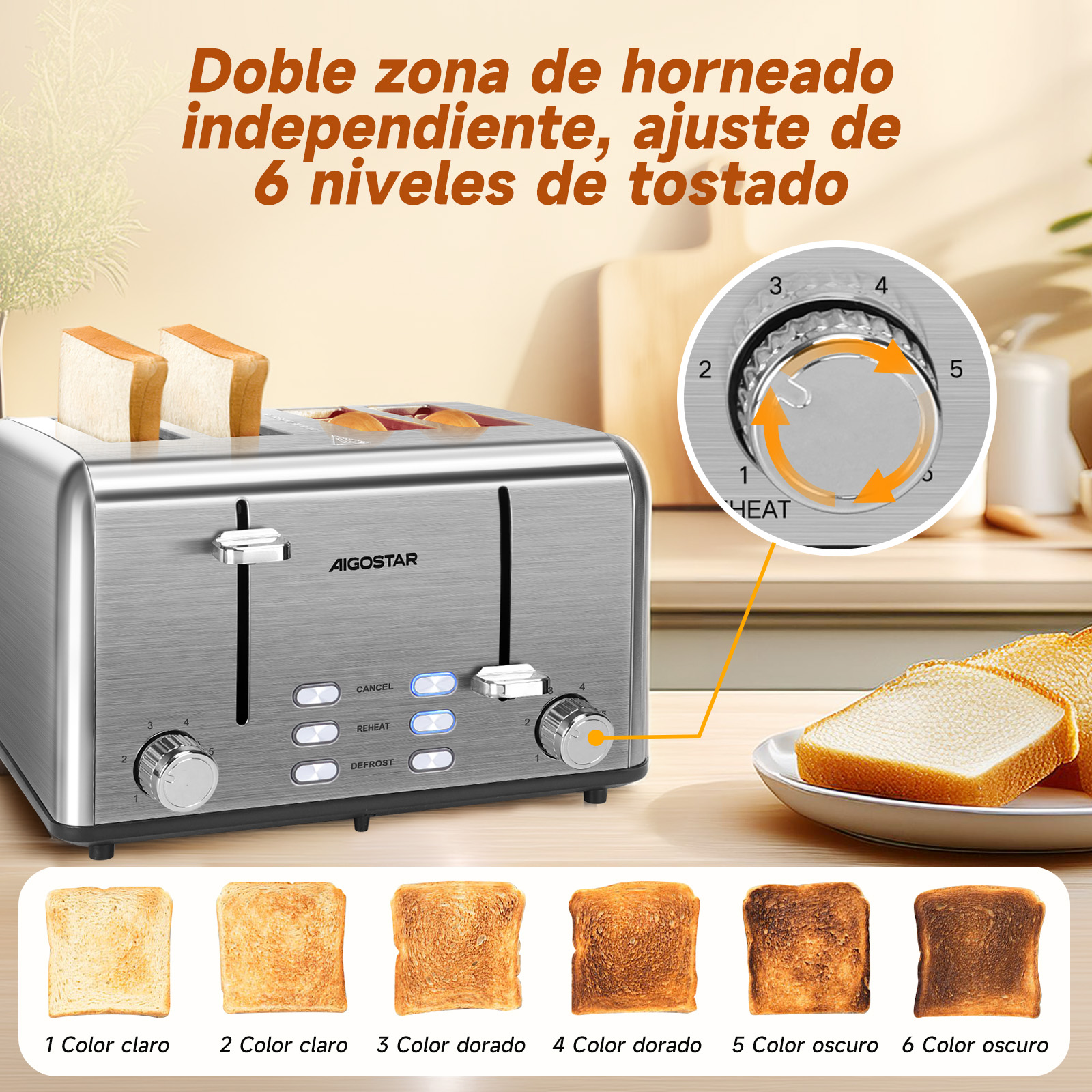 Foto 4 | Tostadora Acero Inoxidable 4 Rebanadas 1750w Plata Aigostar Color Gris
