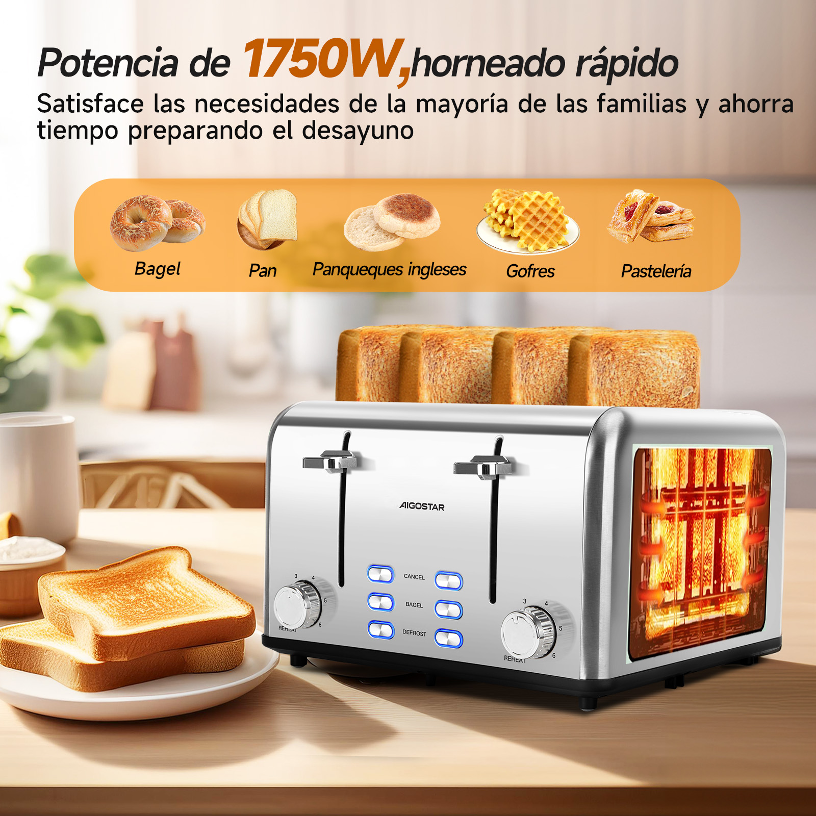 Foto 5 | Tostadora Acero Inoxidable 4 Rebanadas 1750w Plata Aigostar Color Gris