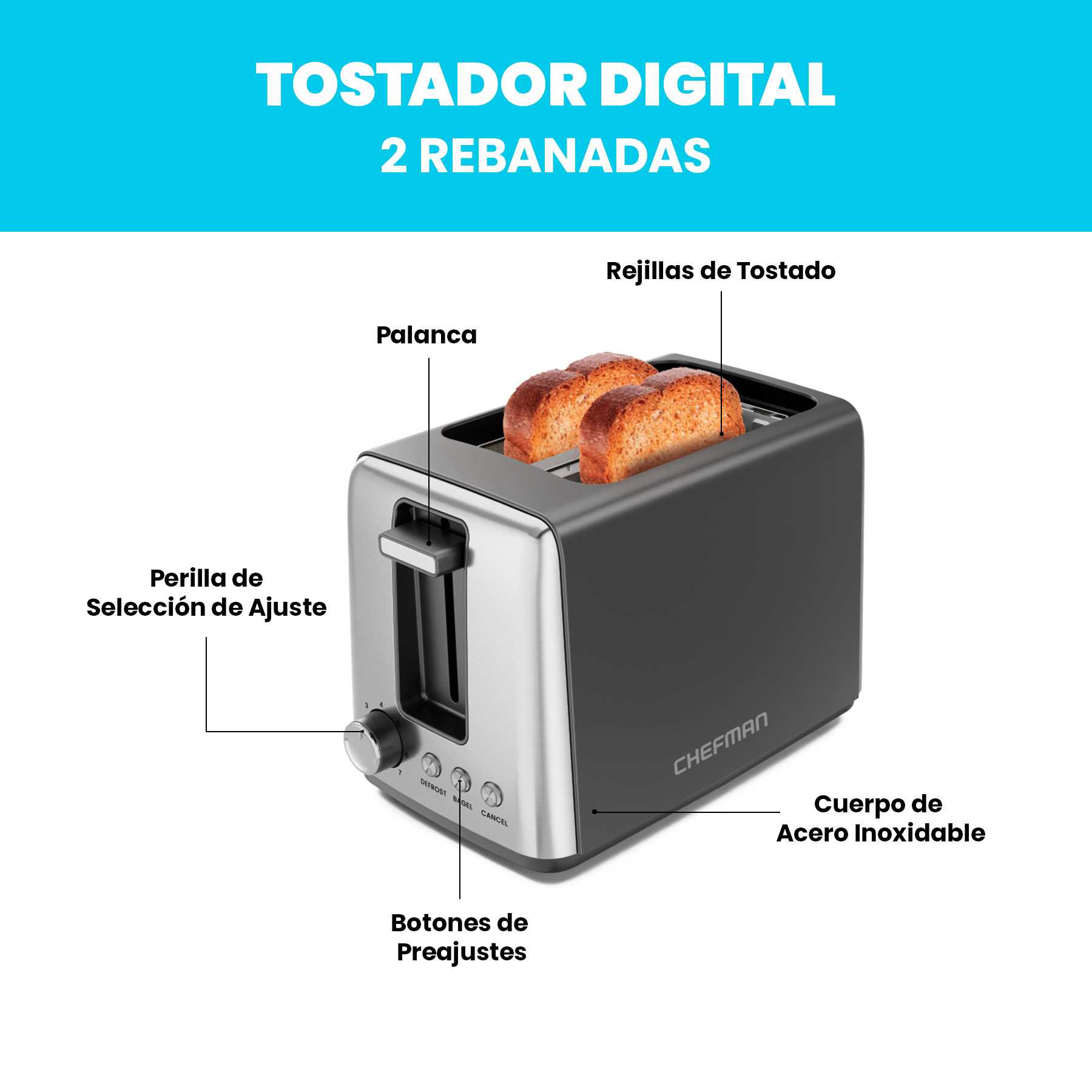 Foto 2 | Chefman - Tostador De 2 Rebanadas: Tostador De Pan Y Tostador De Bagel