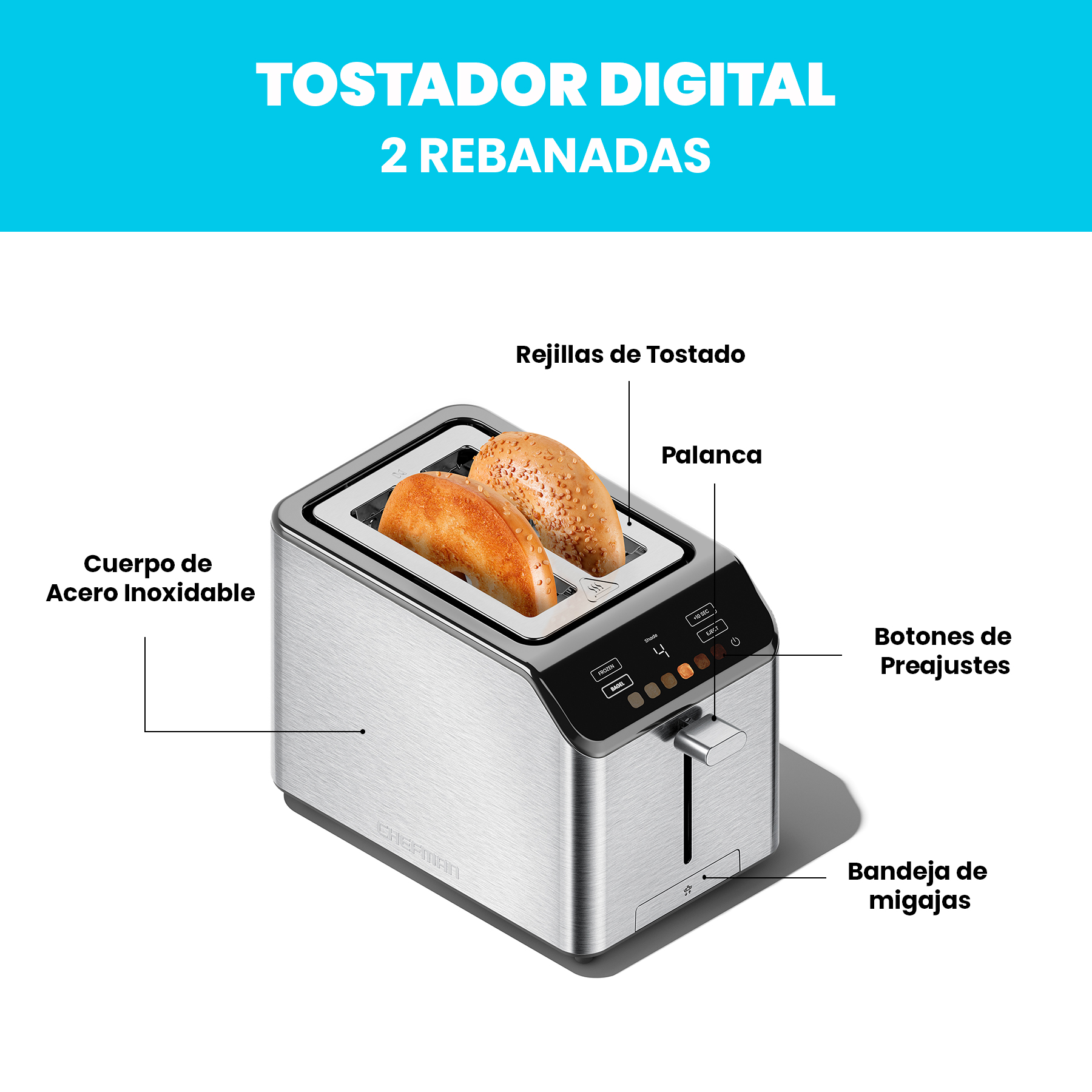 Foto 3 pulgar | Chefman - Smart Touch Tostador 2 Rebanadas Digital, 6 Definiciones De Tonalidad.