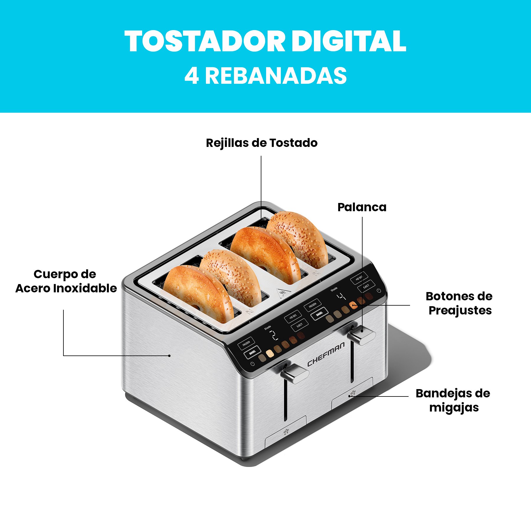 Foto 2 | Chefman - Smart Touch Tostador 4 Rebanadas Digital, 6 Definiciones De Tonalidad.