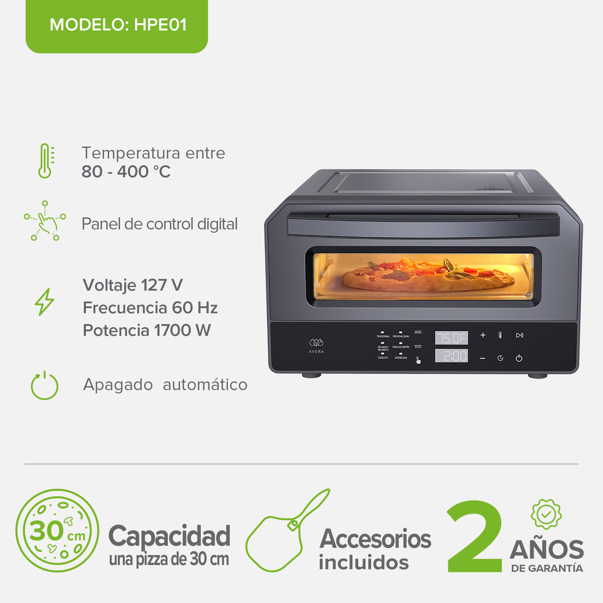 Foto 4 pulgar | Horno Eléctrico Para Pizza de 12 pulgadas hasta 400°C con 6 funciones