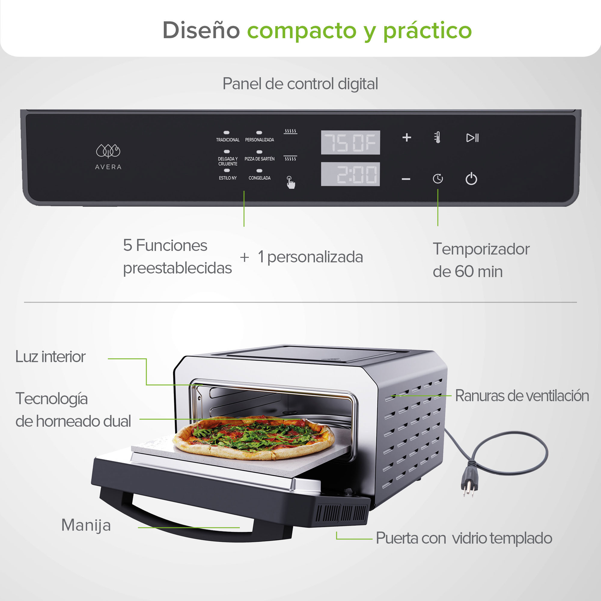 Foto 5 pulgar | Horno Eléctrico Para Pizza de 12 pulgadas hasta 400°C con 6 funciones