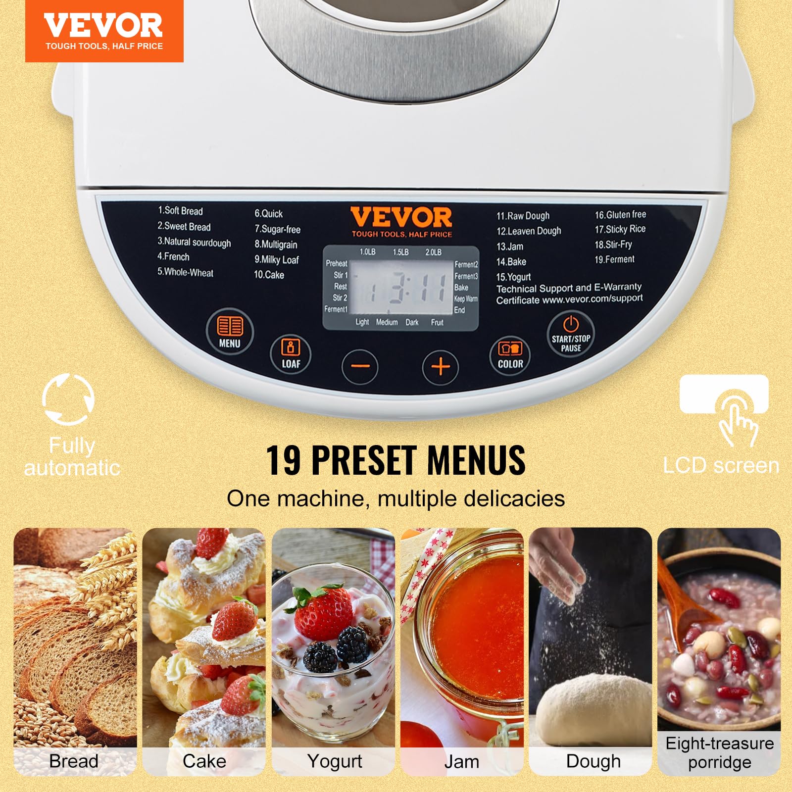 Foto 3 pulgar | Sartén De Cerámica Antiadherente Bread Maker Vevor, 19 En 1, 2 Libras - Venta Internacional.