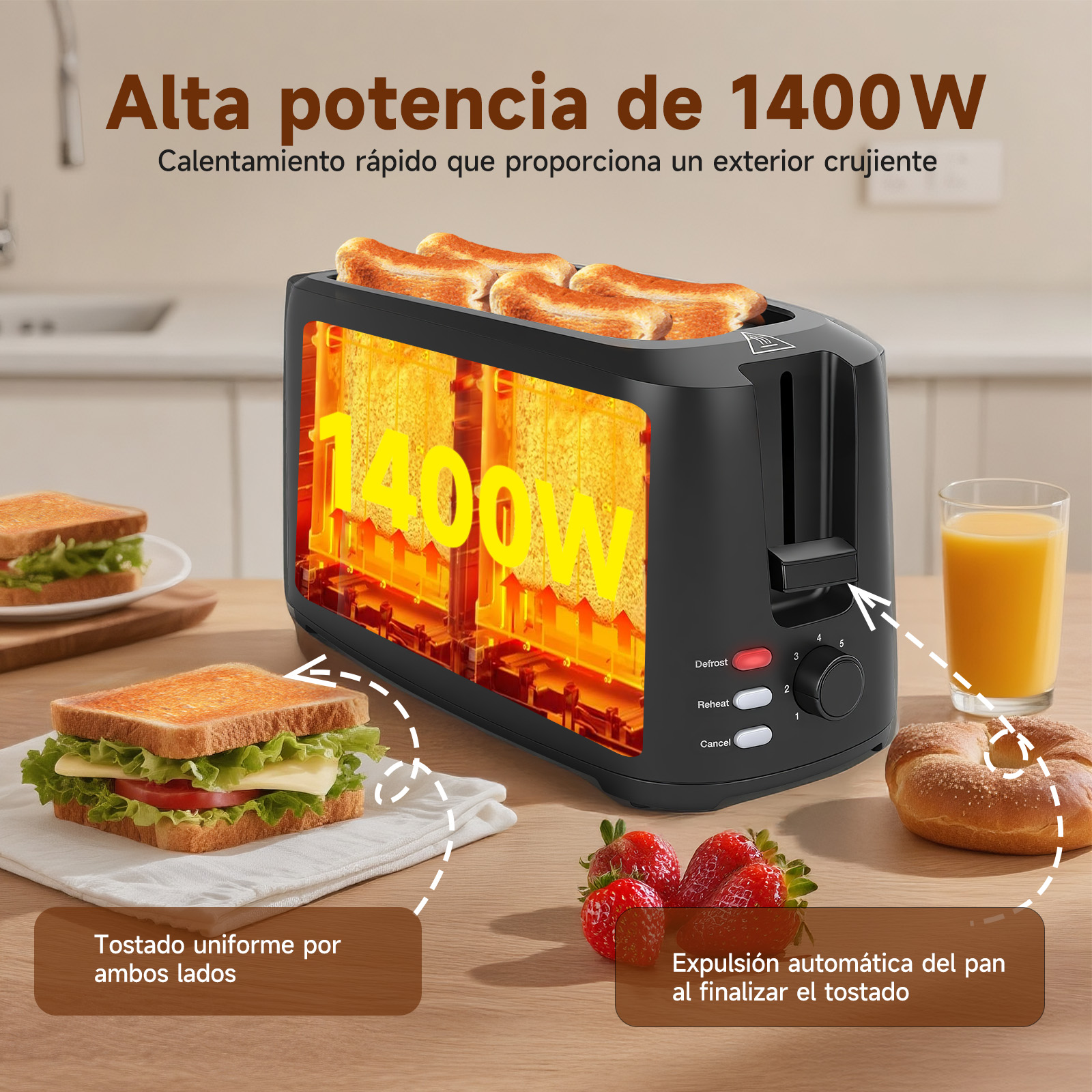 Foto 3 | Tostadora De Pan 4 Rebanadas 1400w  7 Niveles Ajustables